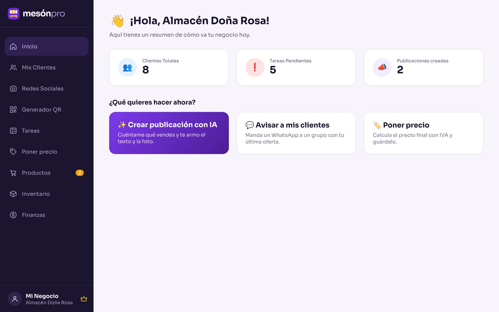 Pantalla de inicio de la app en un computador, con el resumen del negocio
