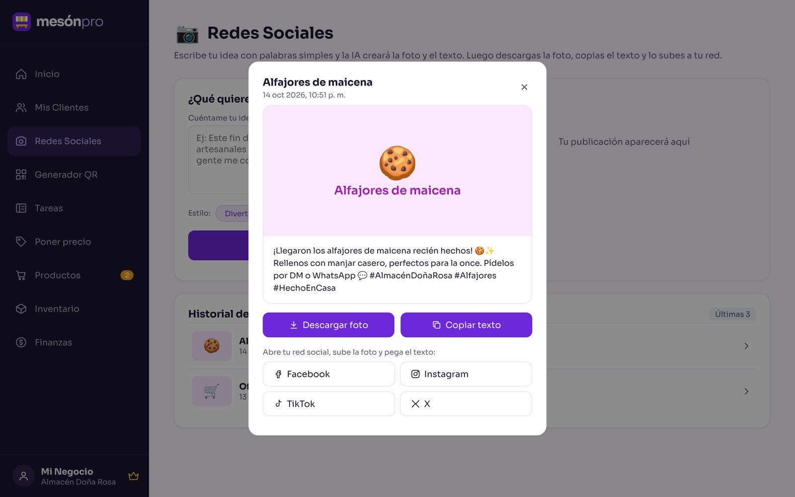 Publicación generada: imagen y texto de alfajores, con botones para descargar la foto y copiar el texto