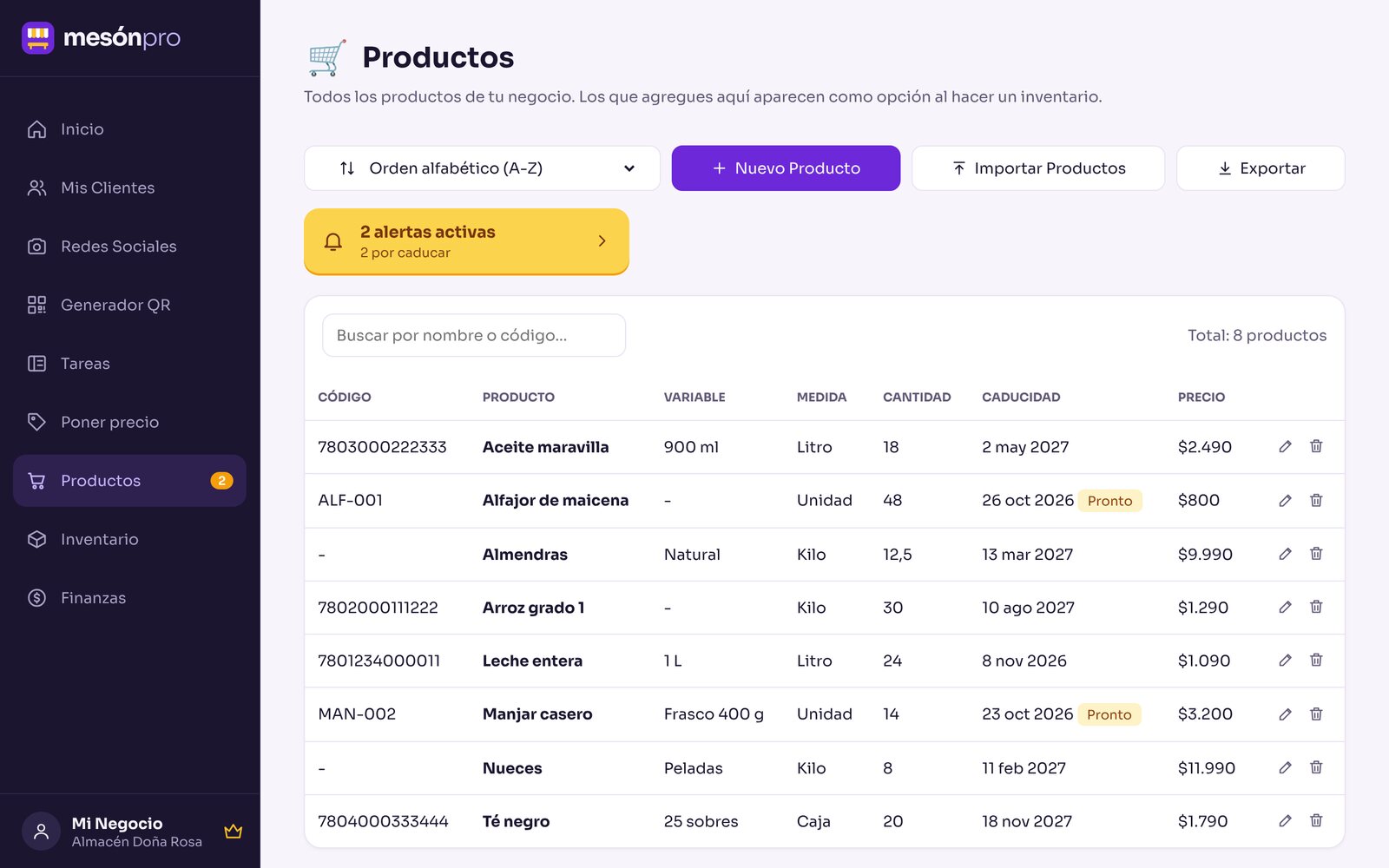 Lista de productos con cantidad, vencimiento y precio, y una alerta de productos por caducar