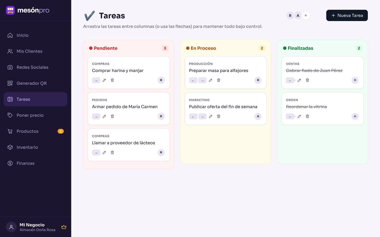 Tablero de tareas con columnas pendiente, en proceso y finalizadas